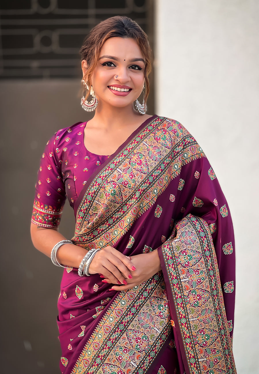 Wine Pashmina Kashmiri Silk Zari Woven Saree