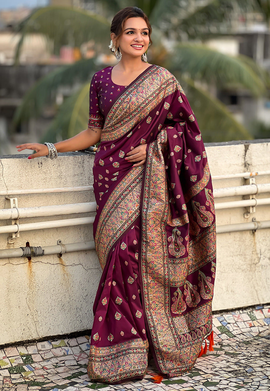 Wine Pashmina Kashmiri Silk Zari Woven Saree