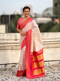 Cream Soft Silk Checks Traditional Zari Contrast Woven Saree