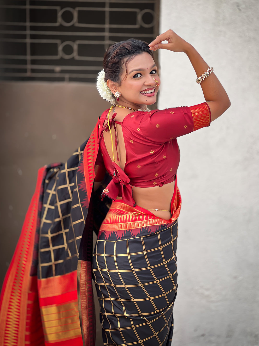 Black Soft Silk Checks Traditional Zari Contrast Woven Saree