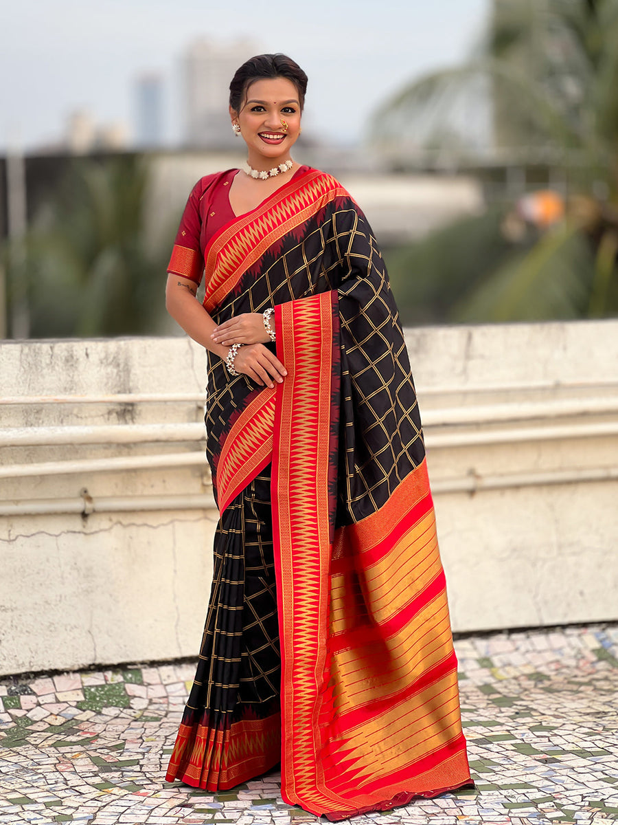 Black Soft Silk Checks Traditional Zari Contrast Woven Saree