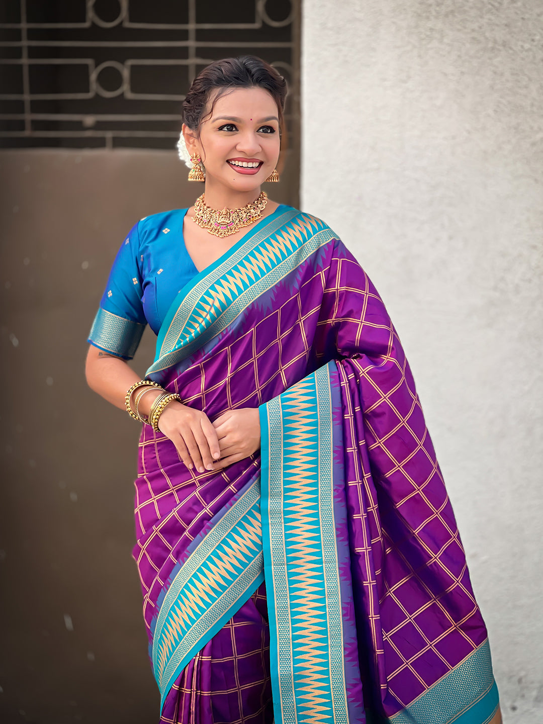 Purple Soft Silk Checks Traditional Zari Contrast Woven Saree