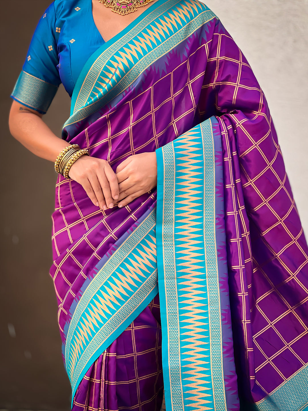 Purple Soft Silk Checks Traditional Zari Contrast Woven Saree
