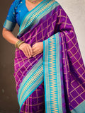 Purple Soft Silk Checks Traditional Zari Contrast Woven Saree