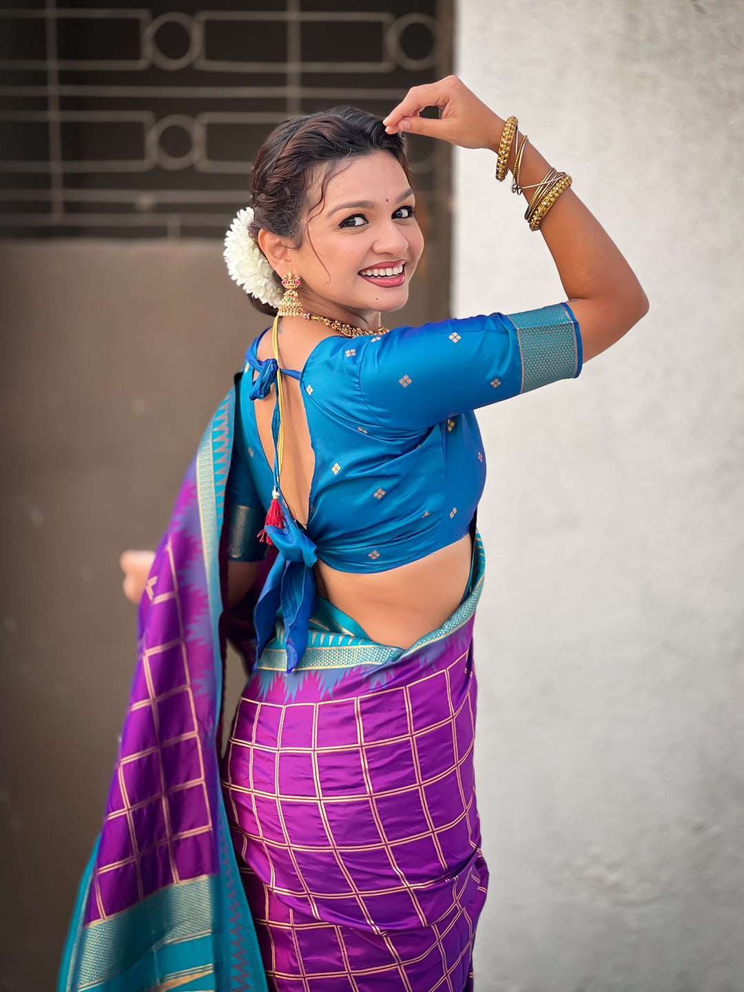 Purple Soft Silk Checks Traditional Zari Contrast Woven Saree