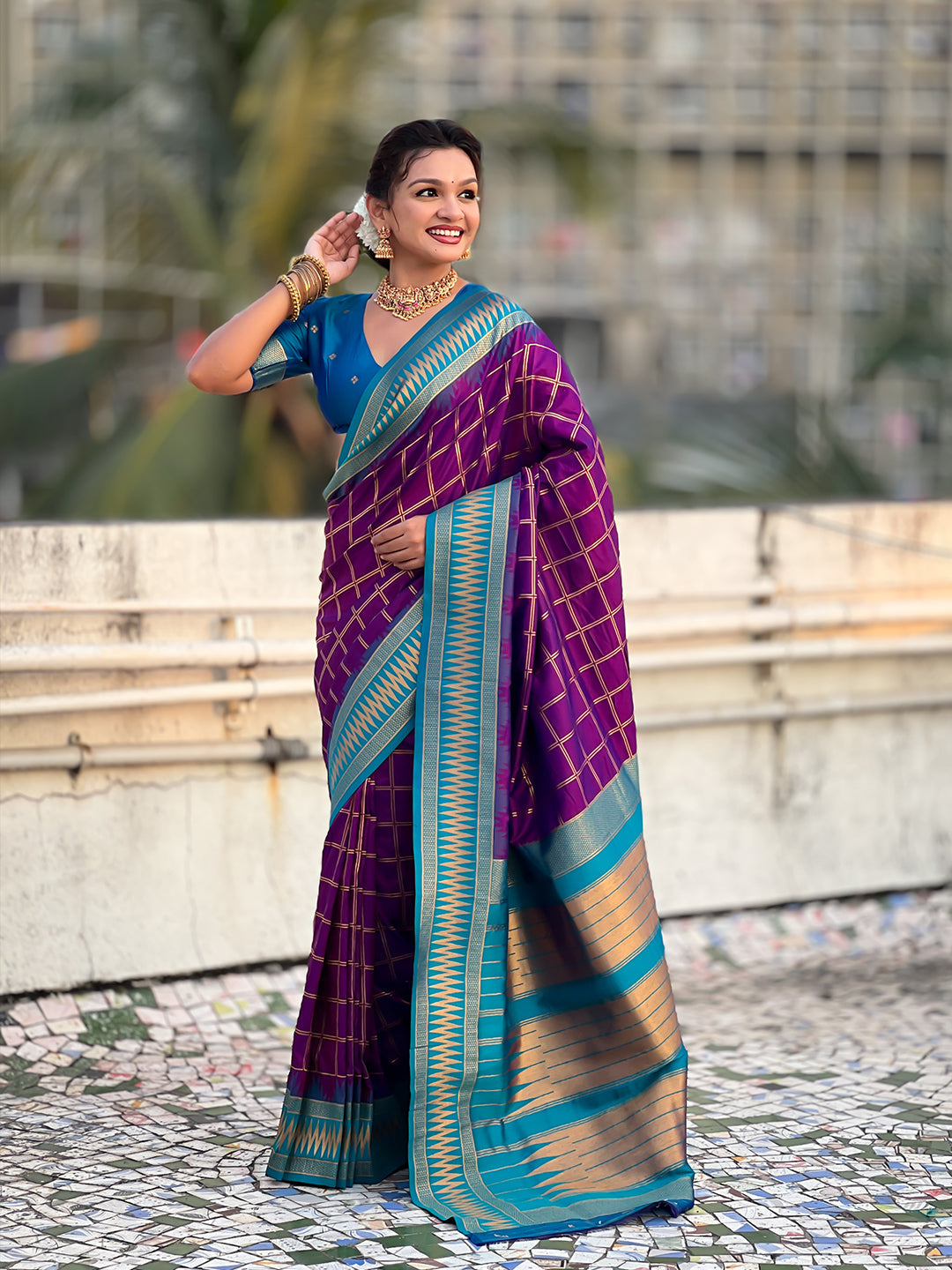Purple Soft Silk Checks Traditional Zari Contrast Woven Saree