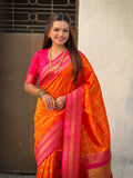 Orange Soft Silk Checks Traditional Zari Contrast Woven Saree