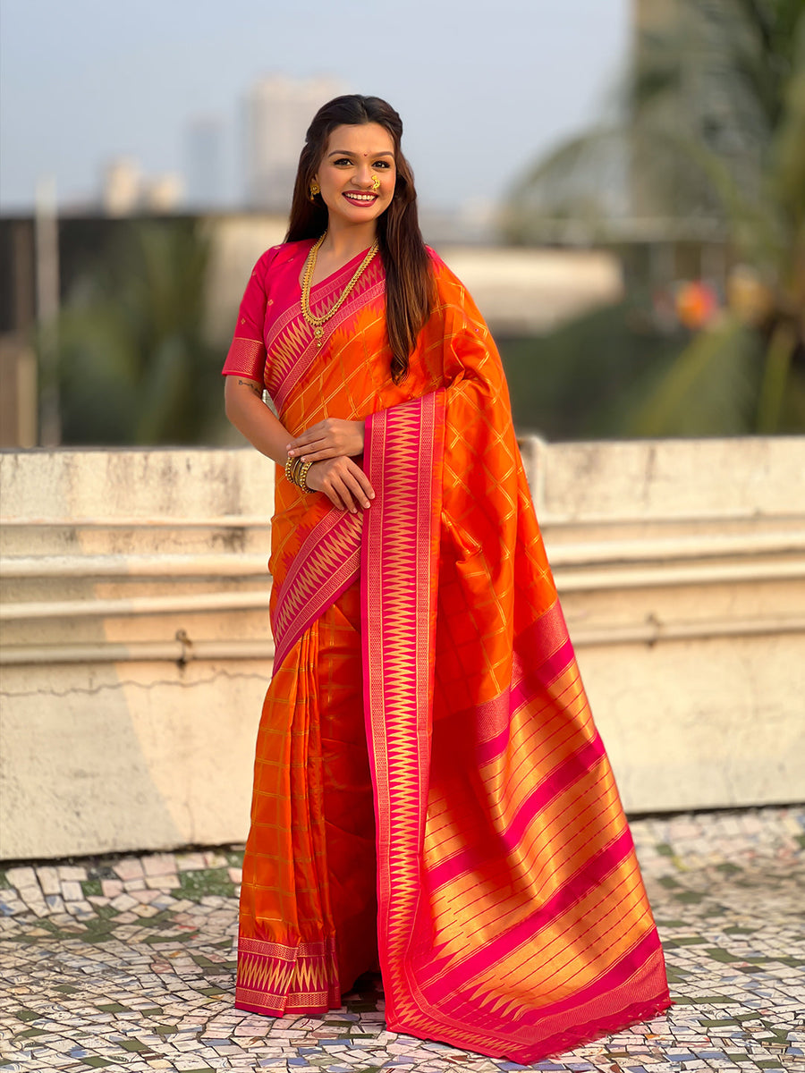 Orange Soft Silk Checks Traditional Zari Contrast Woven Saree