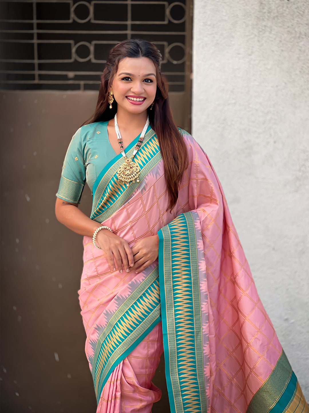 Baby Pink Soft Silk Checks Traditional Zari Contrast Woven Saree