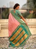 Baby Pink Soft Silk Checks Traditional Zari Contrast Woven Saree