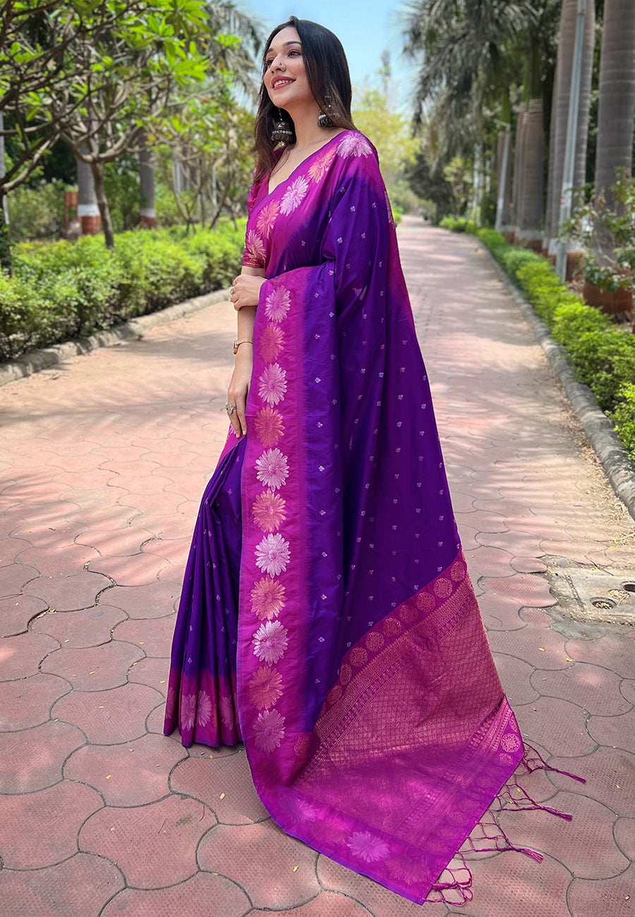 Purple Jam Soft Silk Floral Border Zari Woven Saree