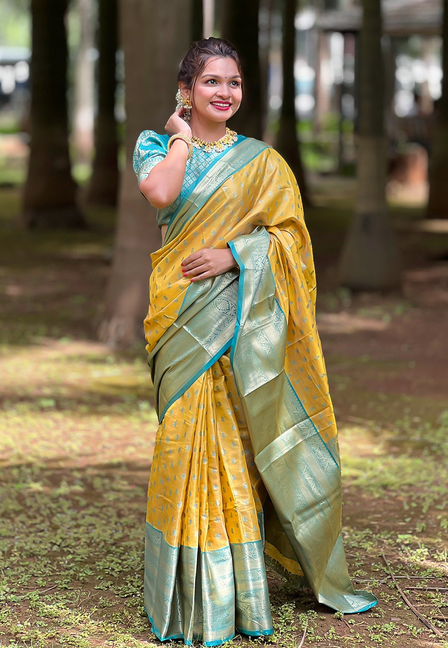 Yellow Kanjivaram Tissue Silk Traditional Zari Woven Saree
