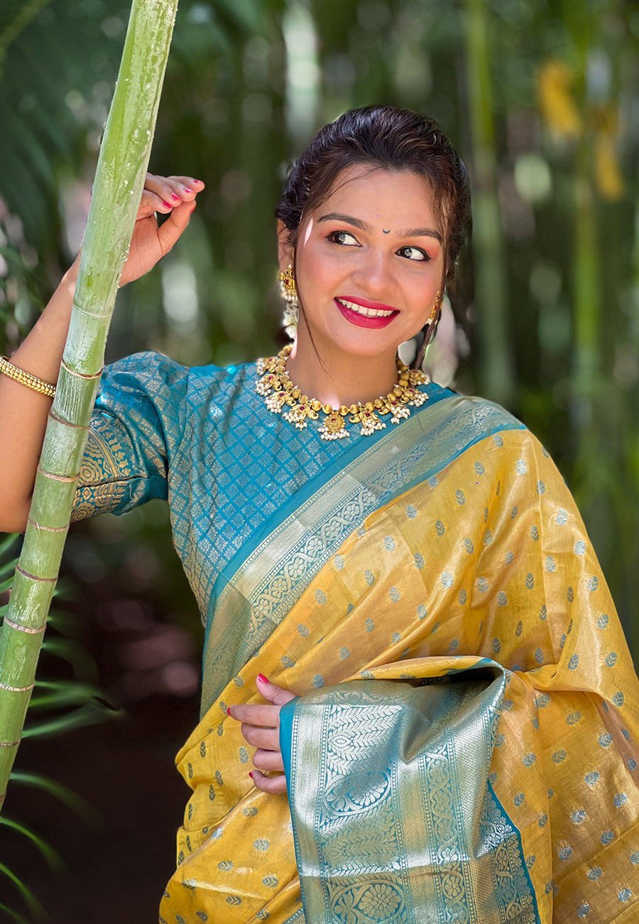 Yellow Kanjivaram Tissue Silk Traditional Zari Woven Saree