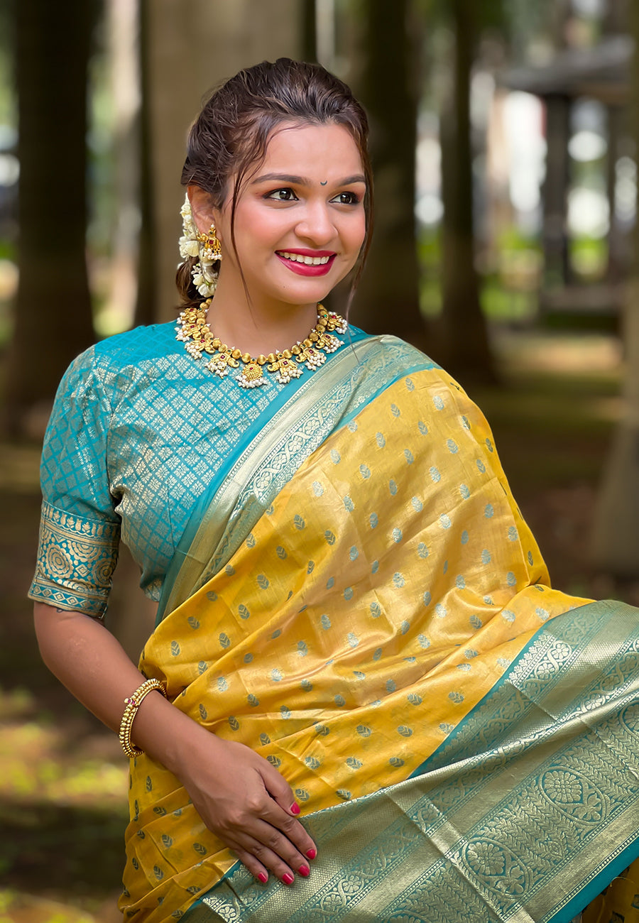 Yellow Kanjivaram Tissue Silk Traditional Zari Woven Saree