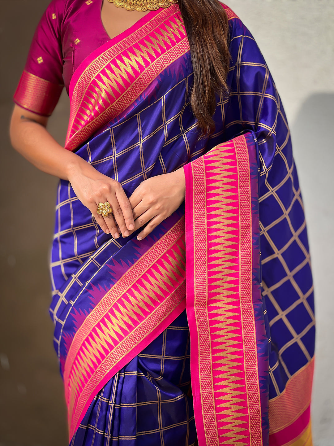 Violet Soft Silk Checks Traditional Zari Contrast Woven Saree