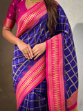 Violet Soft Silk Checks Traditional Zari Contrast Woven Saree