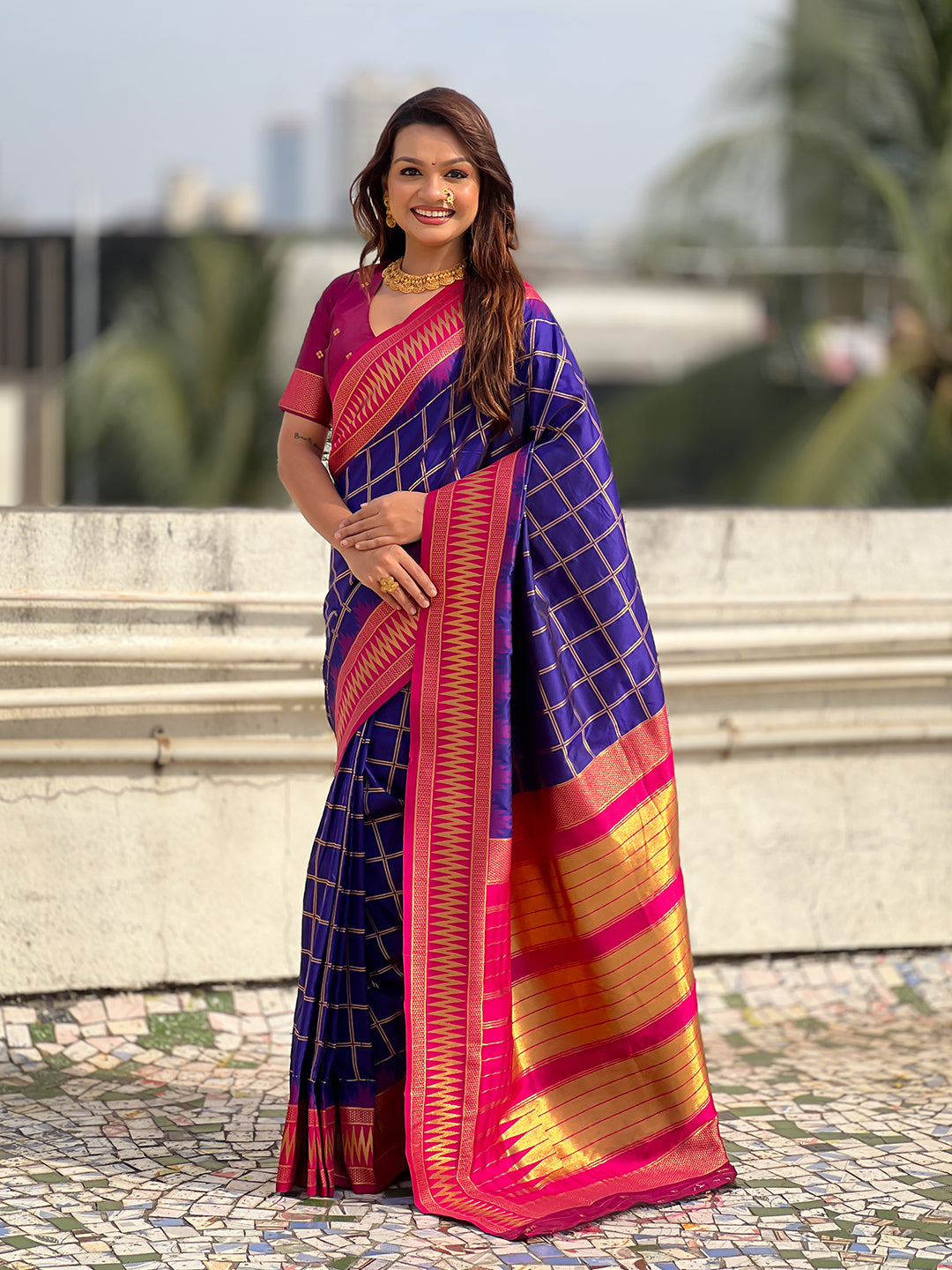 Violet Soft Silk Checks Traditional Zari Contrast Woven Saree