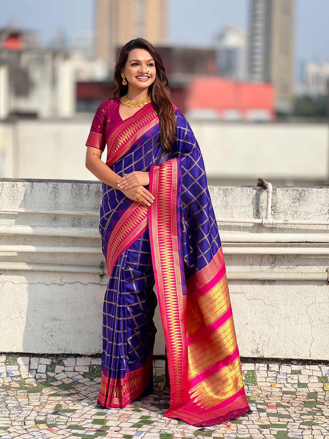 Violet Soft Silk Checks Traditional Zari Contrast Woven Saree
