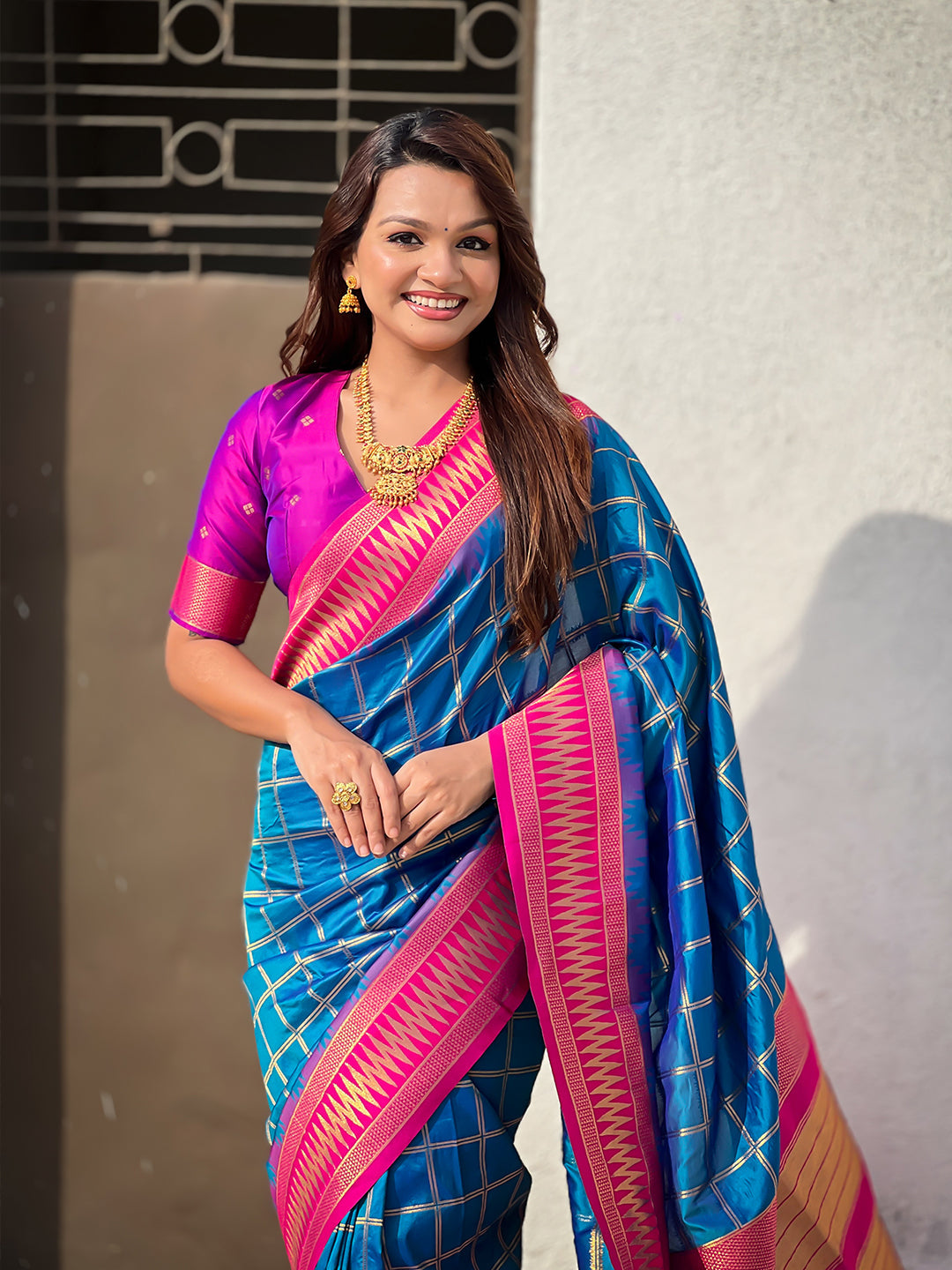 Blue Soft Silk Checks Traditional Zari Contrast Woven Saree