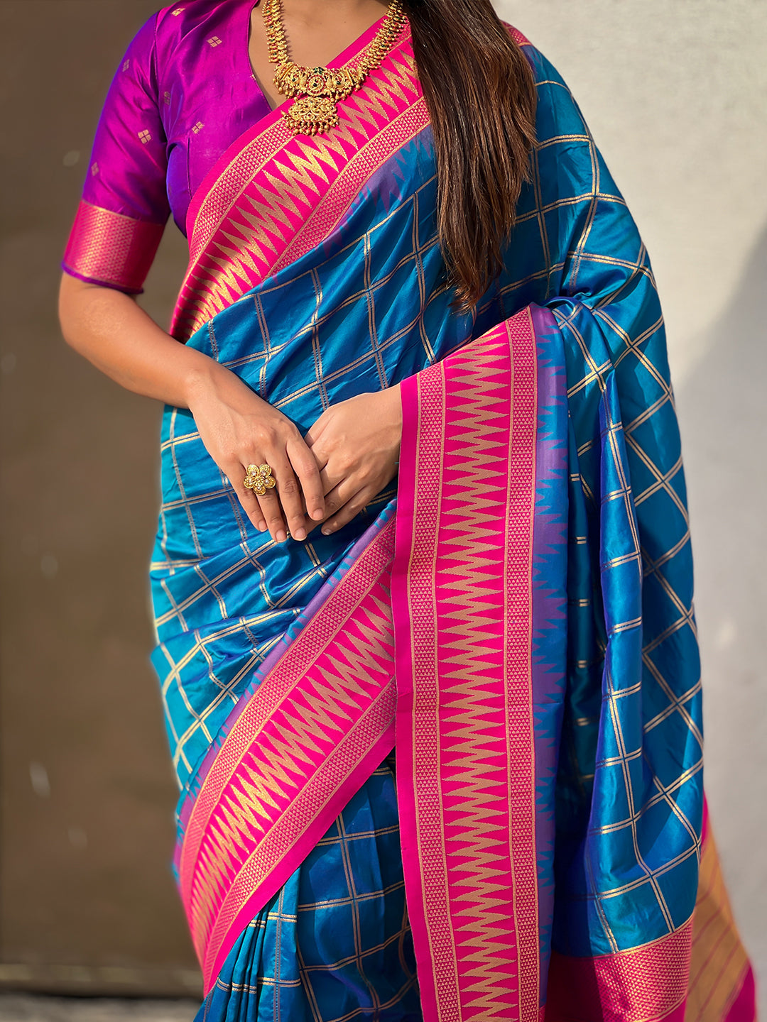 Blue Soft Silk Checks Traditional Zari Contrast Woven Saree