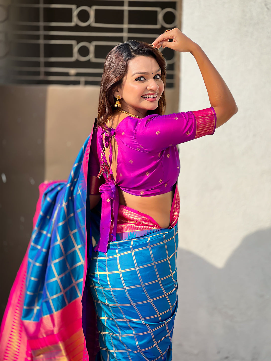 Blue Soft Silk Checks Traditional Zari Contrast Woven Saree
