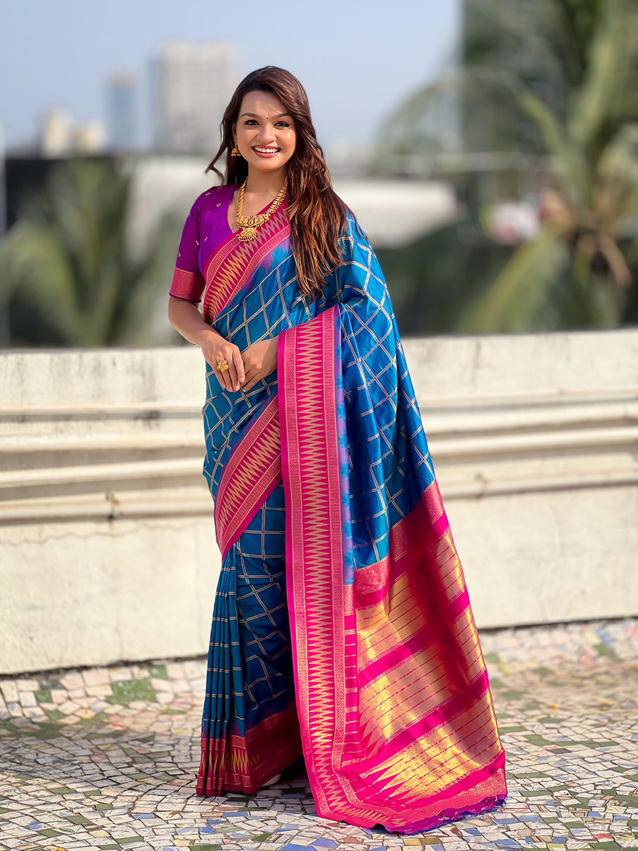 Blue Soft Silk Checks Traditional Zari Contrast Woven Saree