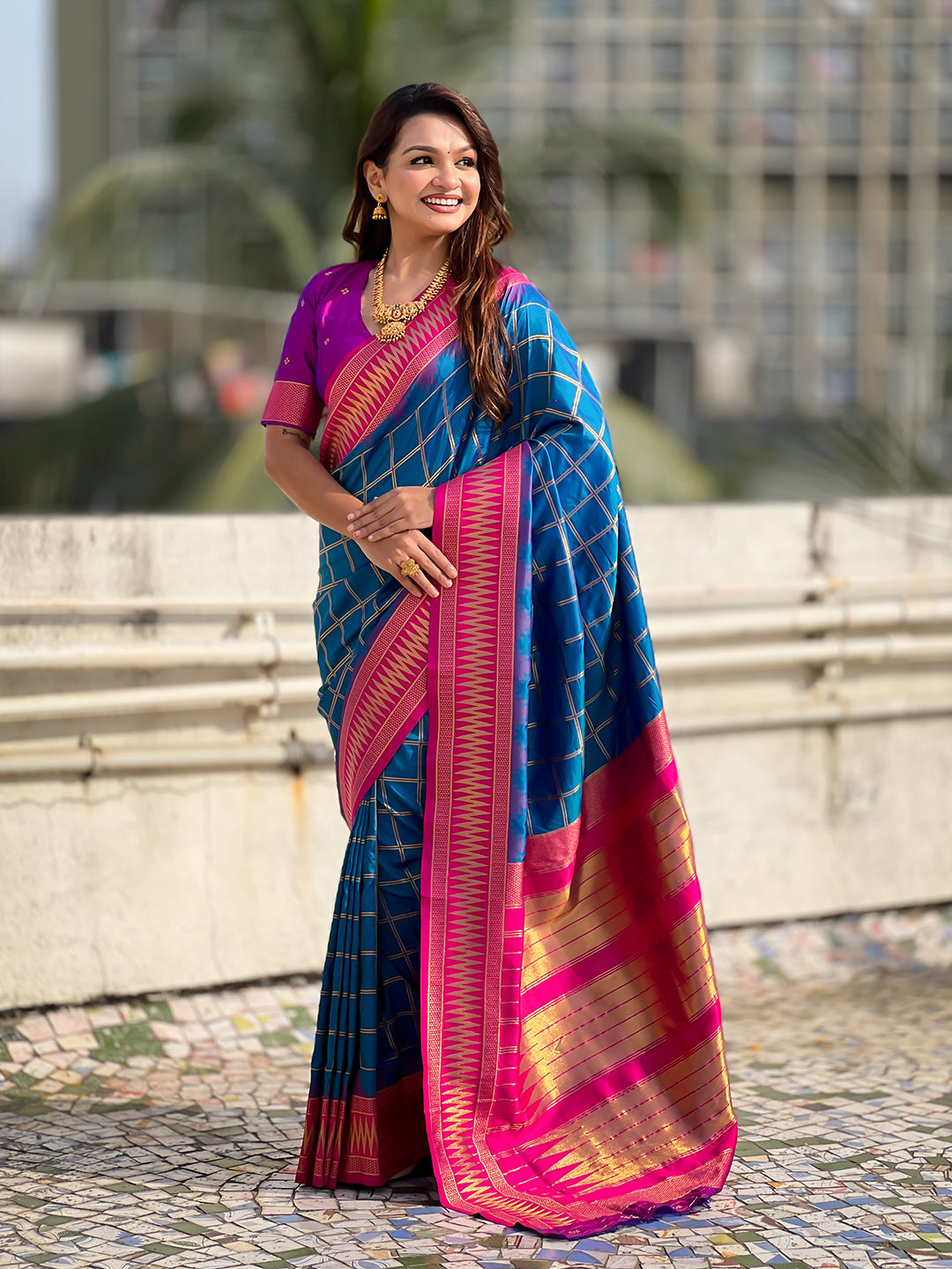 Blue Soft Silk Checks Traditional Zari Contrast Woven Saree