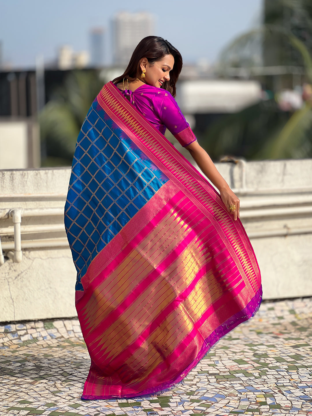 Blue Soft Silk Checks Traditional Zari Contrast Woven Saree