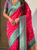Pink Soft Silk Checks Traditional Zari Contrast Woven Saree