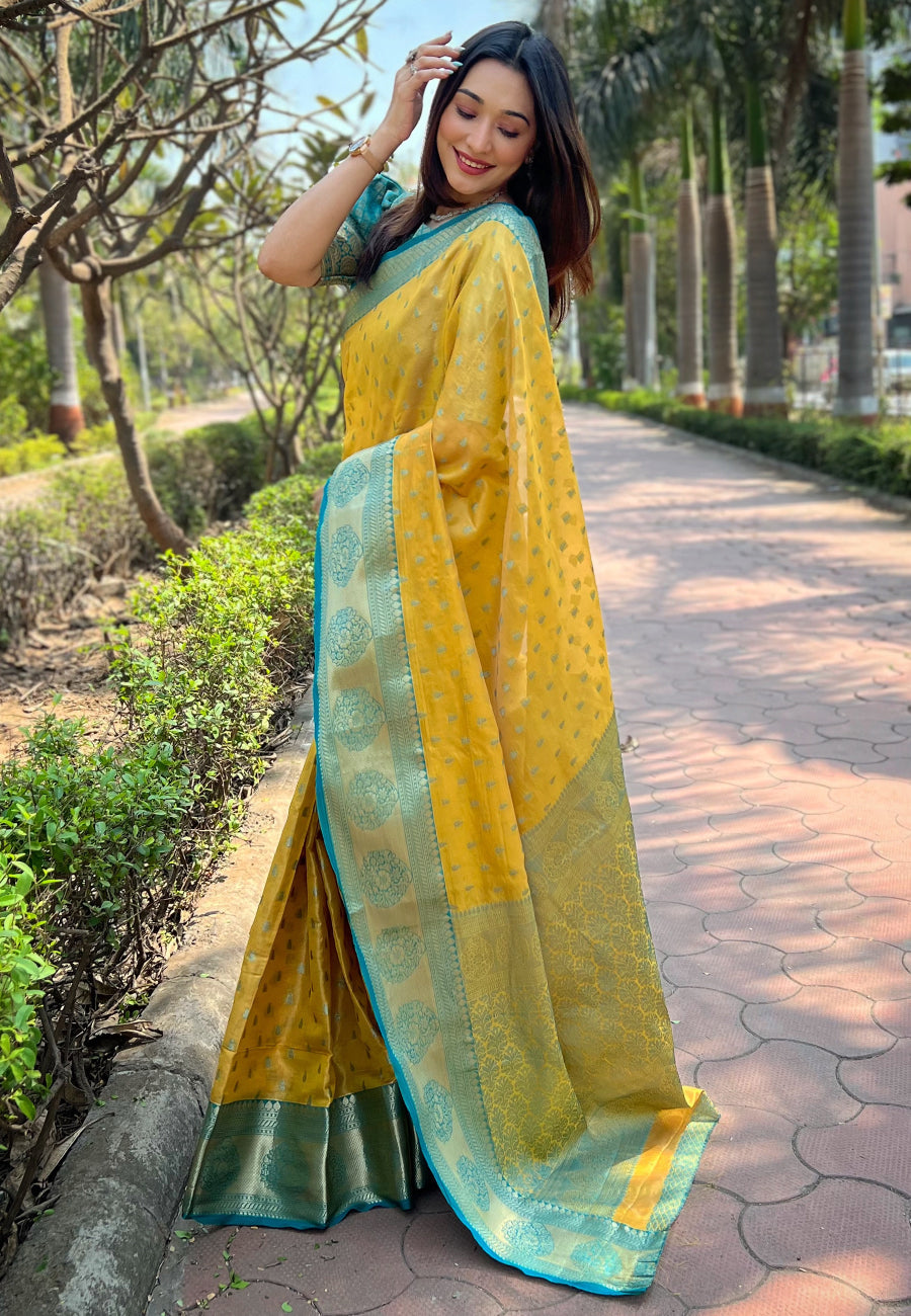 Yellow Kanchipuram Tissue Silk Traditional Zari Woven Saree