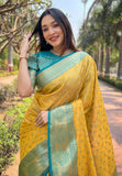 Yellow Kanchipuram Tissue Silk Traditional Zari Woven Saree