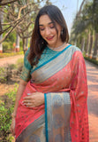 Coral Pink Kanchipuram Tissue Silk Traditional Zari Woven Saree