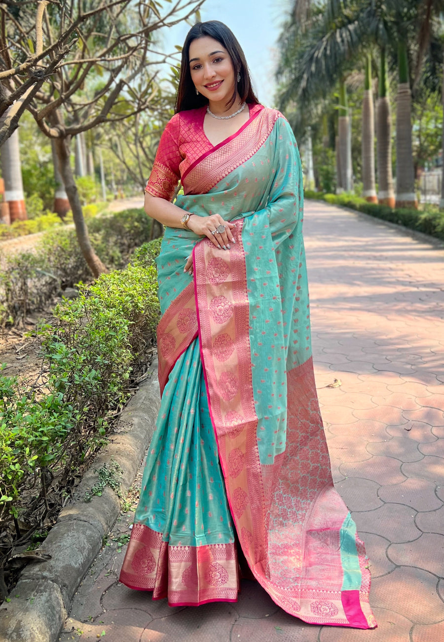 Sea Green Kanchipuram Tissue Silk Traditional Zari Woven Saree