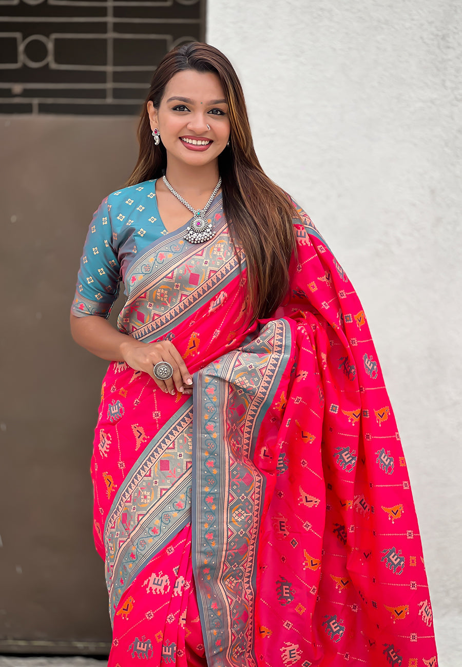 Pink Soft Silk Zari Woven Patola Leheriya Saree with Contrast Weaves