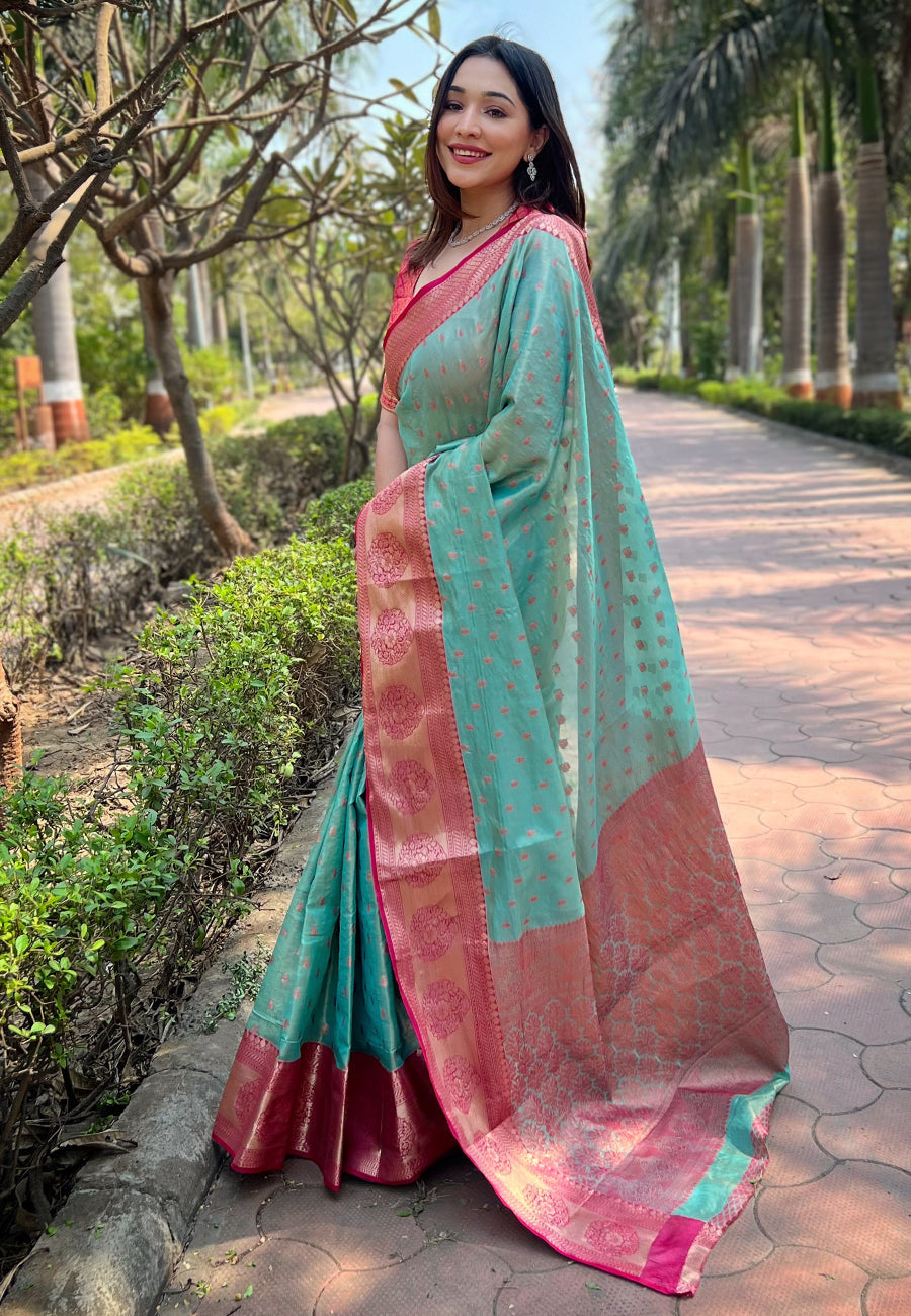 Sea Green Kanchipuram Tissue Silk Traditional Zari Woven Saree