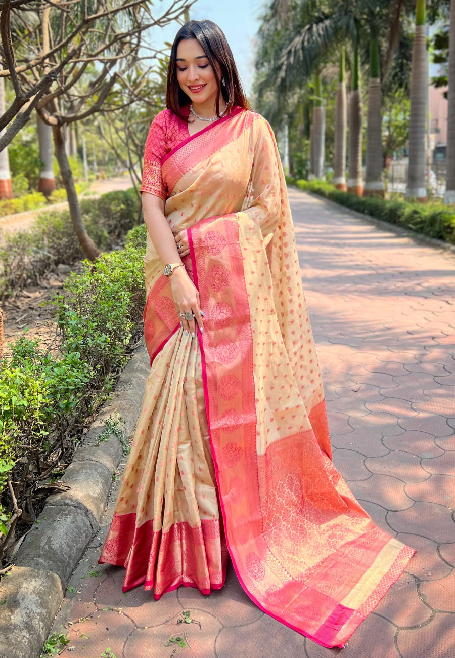 Chickoo Kanchipuram Tissue Silk Traditional Zari Woven Saree