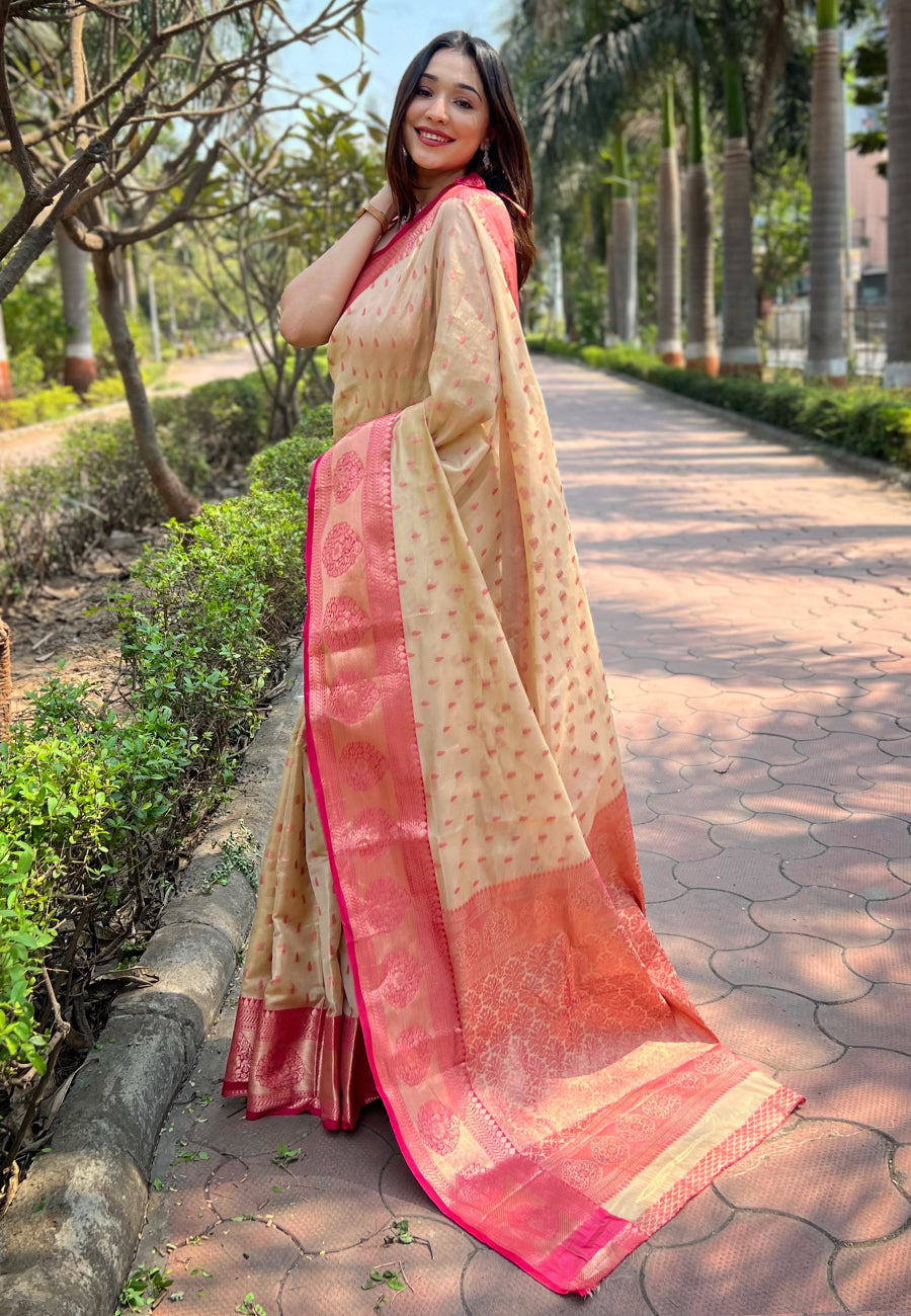 Chickoo Kanchipuram Tissue Silk Traditional Zari Woven Saree