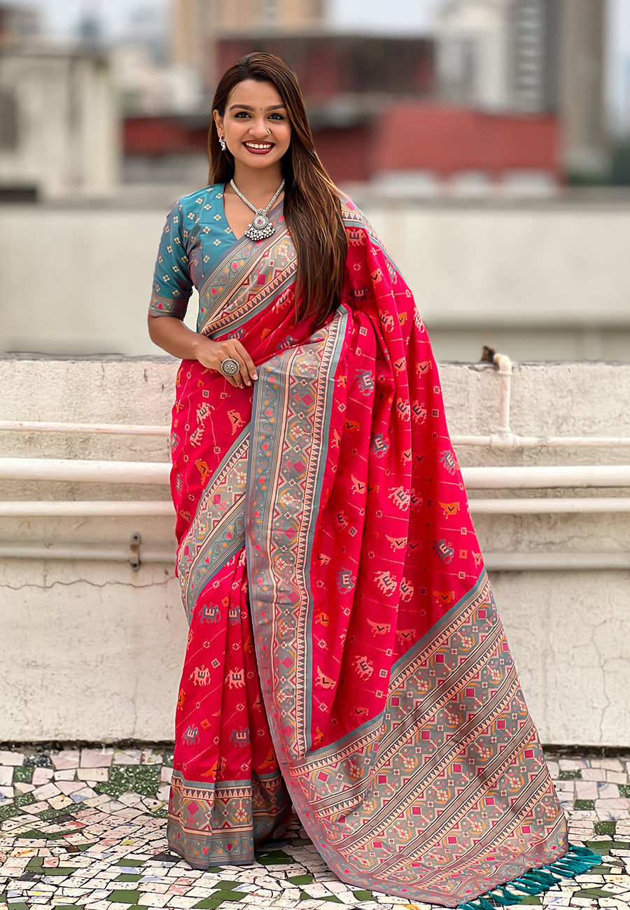 Pink Soft Silk Zari Woven Patola Leheriya Saree with Contrast Weaves