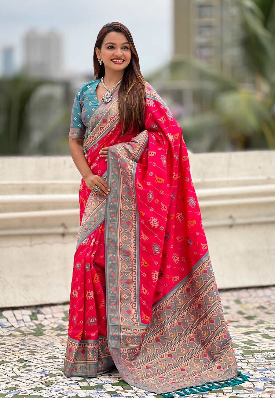 Pink Soft Silk Zari Woven Patola Leheriya Saree with Contrast Weaves