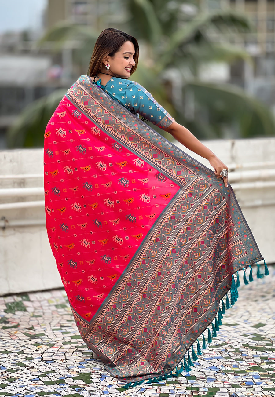 Pink Soft Silk Zari Woven Patola Leheriya Saree with Contrast Weaves