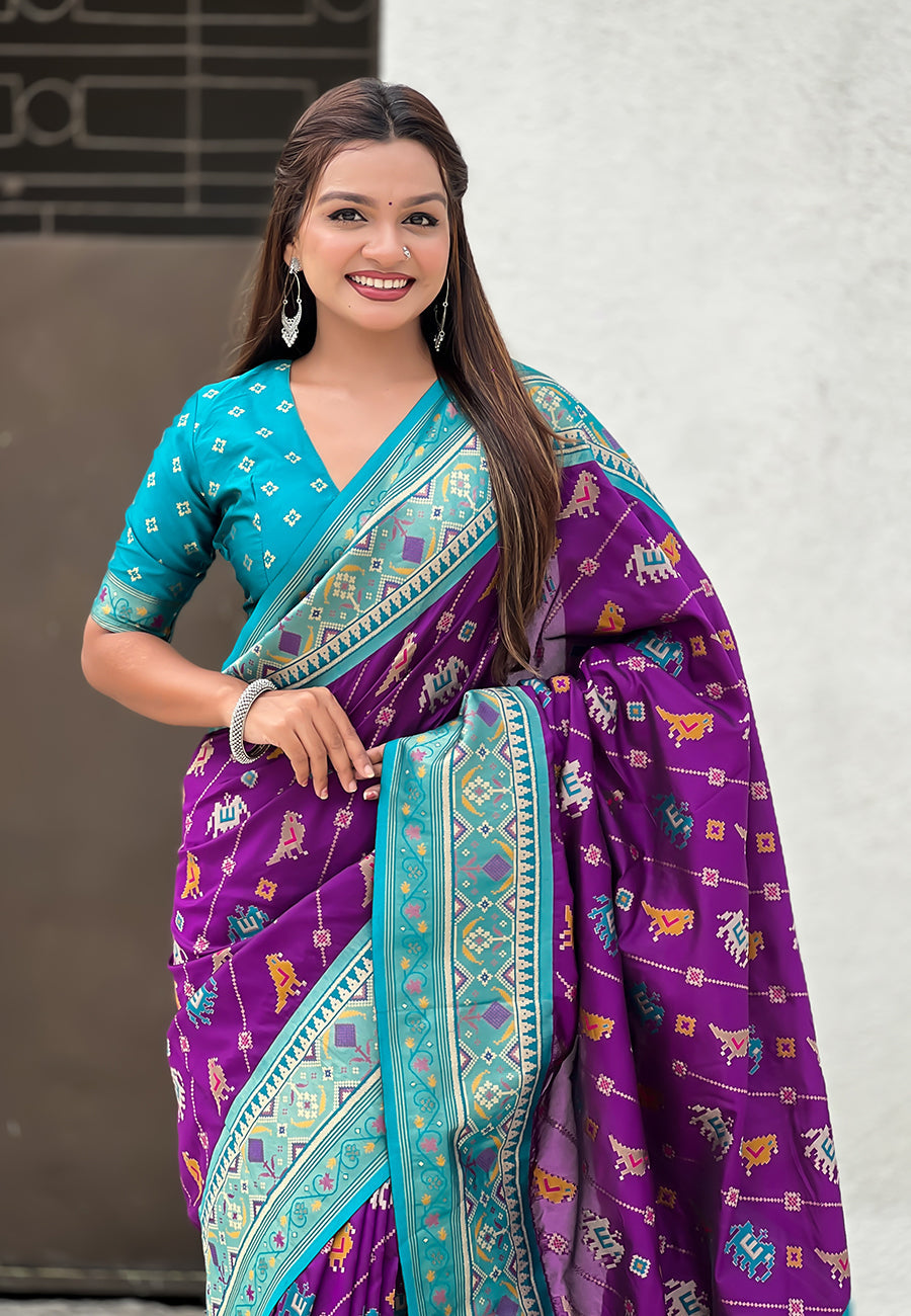 Purple Soft Silk Zari Woven Patola Leheriya Saree with Contrast Weaves