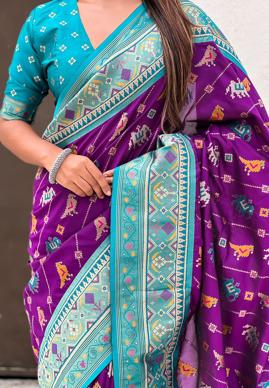 Purple Soft Silk Zari Woven Patola Leheriya Saree with Contrast Weaves