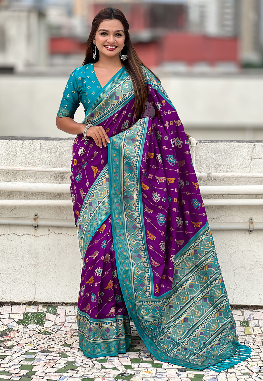Purple Soft Silk Zari Woven Patola Leheriya Saree with Contrast Weaves