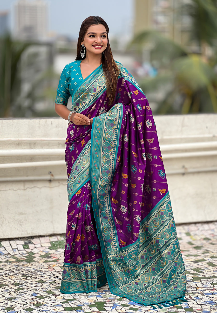 Purple Soft Silk Zari Woven Patola Leheriya Saree with Contrast Weaves