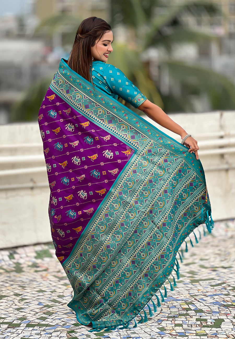 Purple Soft Silk Zari Woven Patola Leheriya Saree with Contrast Weaves