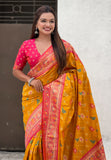 Mustard Soft Silk Zari Woven Patola Leheriya Saree with Contrast Weaves