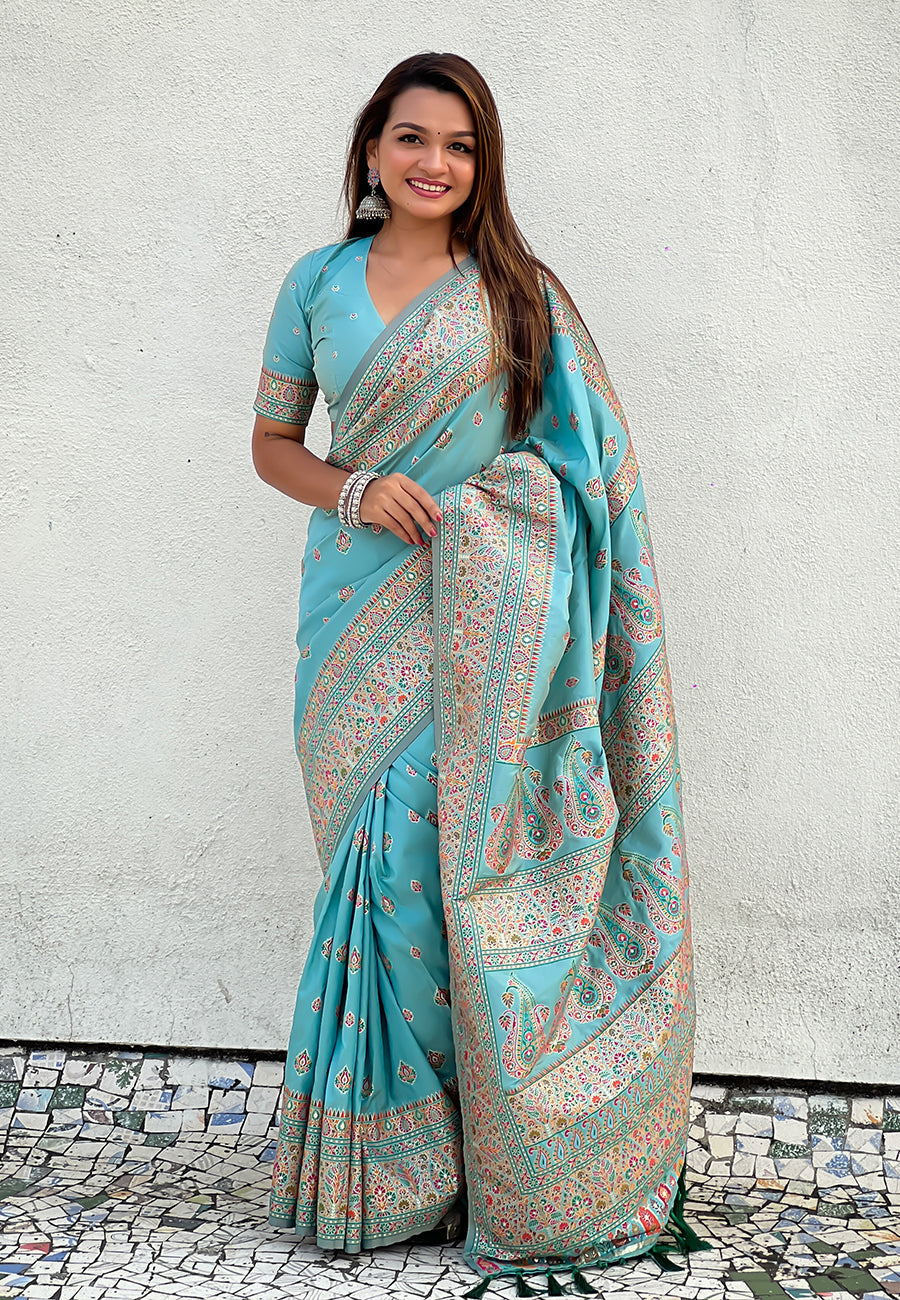 Sky Blue Pashmina Kashmiri Silk Zari Woven Saree