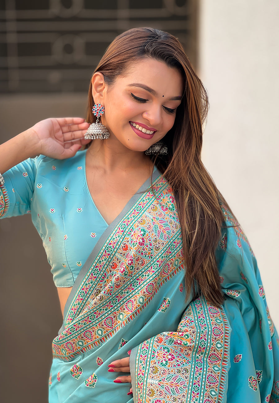 Sky Blue Pashmina Kashmiri Silk Zari Woven Saree