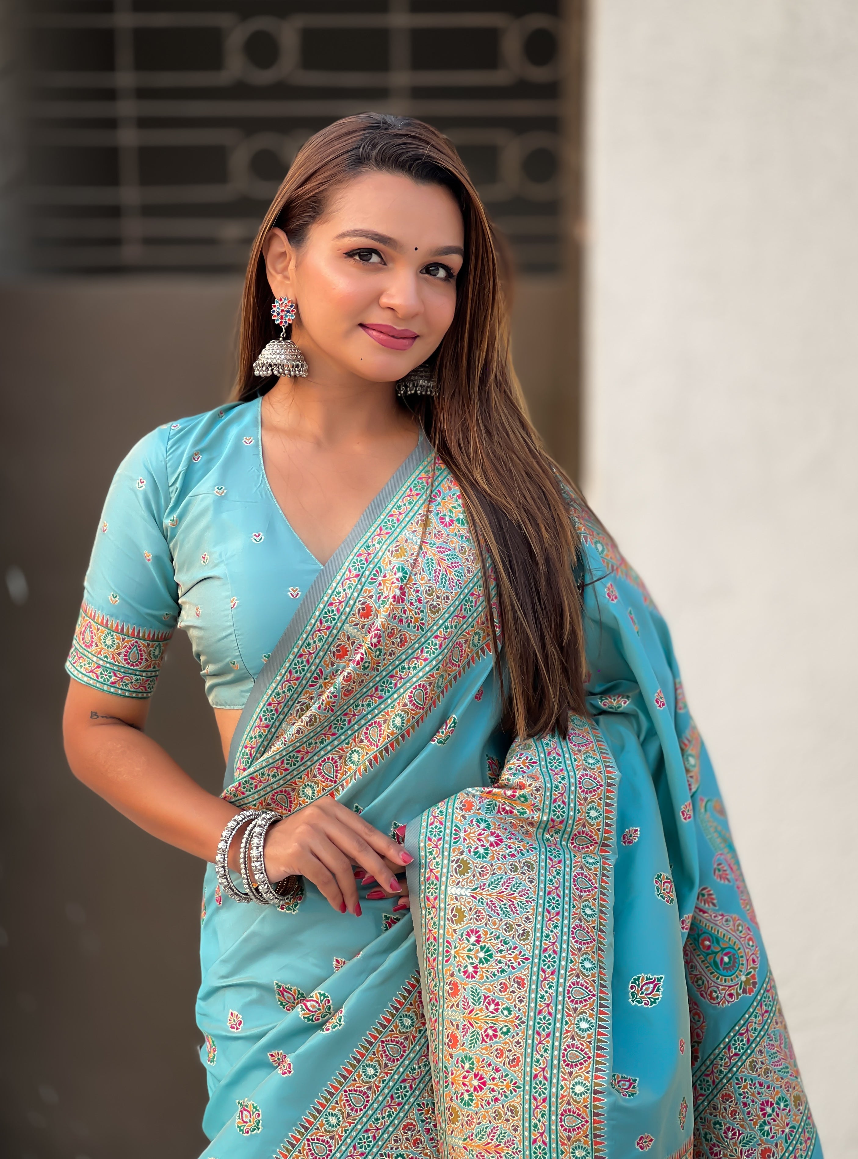 Sky Blue Pashmina Kashmiri Silk Zari Woven Saree