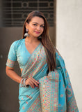 Sky Blue Pashmina Kashmiri Silk Zari Woven Saree